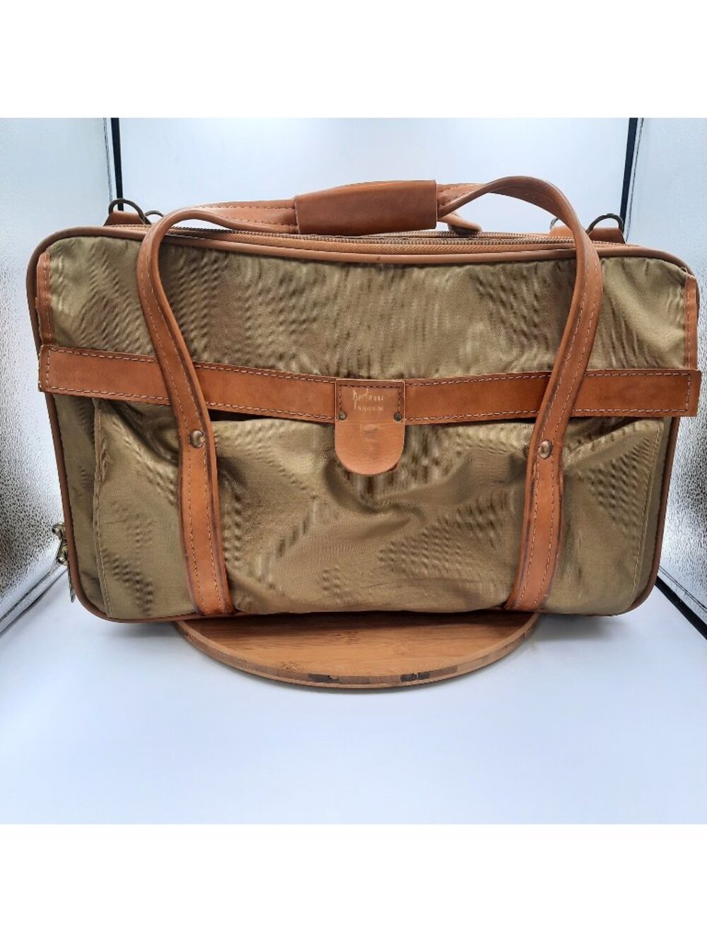 Vintage Hartmann Luggage Khaki Nylon Leather Trim Folding Zip Travel Garment Bag